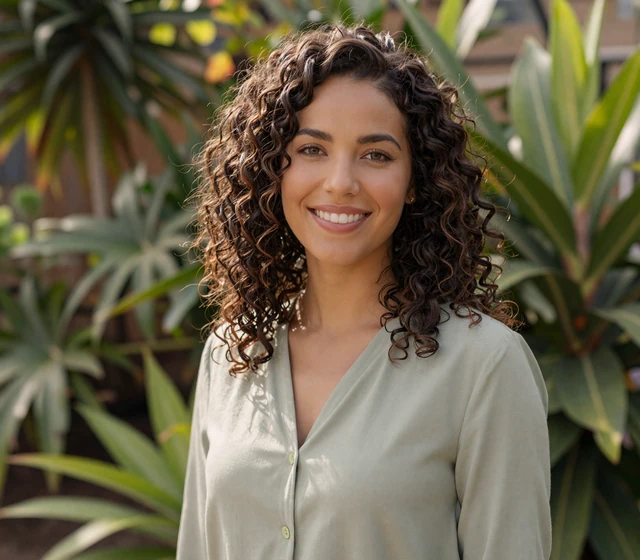 Mixed-ethnicity woman smiling in a botanical garden, representing military uniform dating on the platform