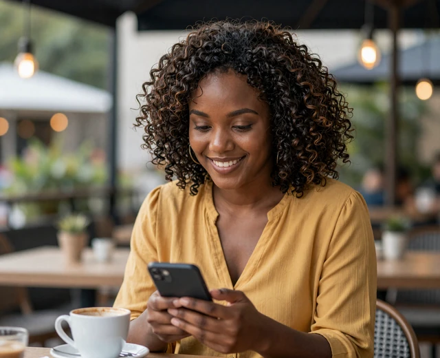 Black woman browsing a military dating site on her phone at an outdoor café