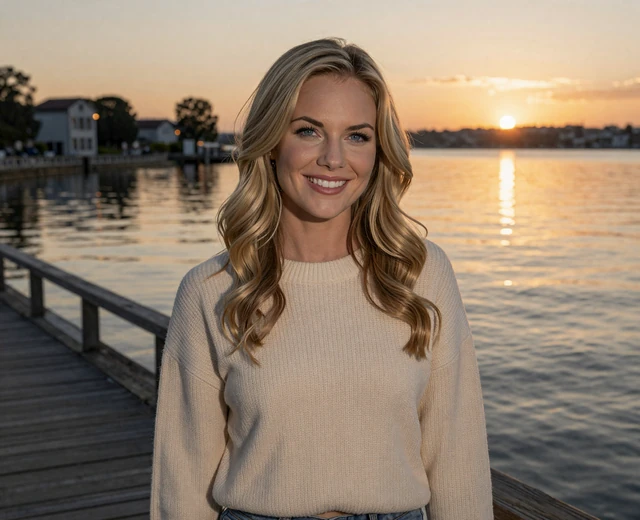 Blonde woman smiling on a waterfront at sunset, illustrating finding love and military dating during service