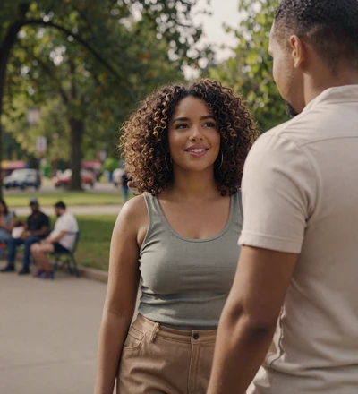 Black woman with her partner in a park, a military singles dating success couple